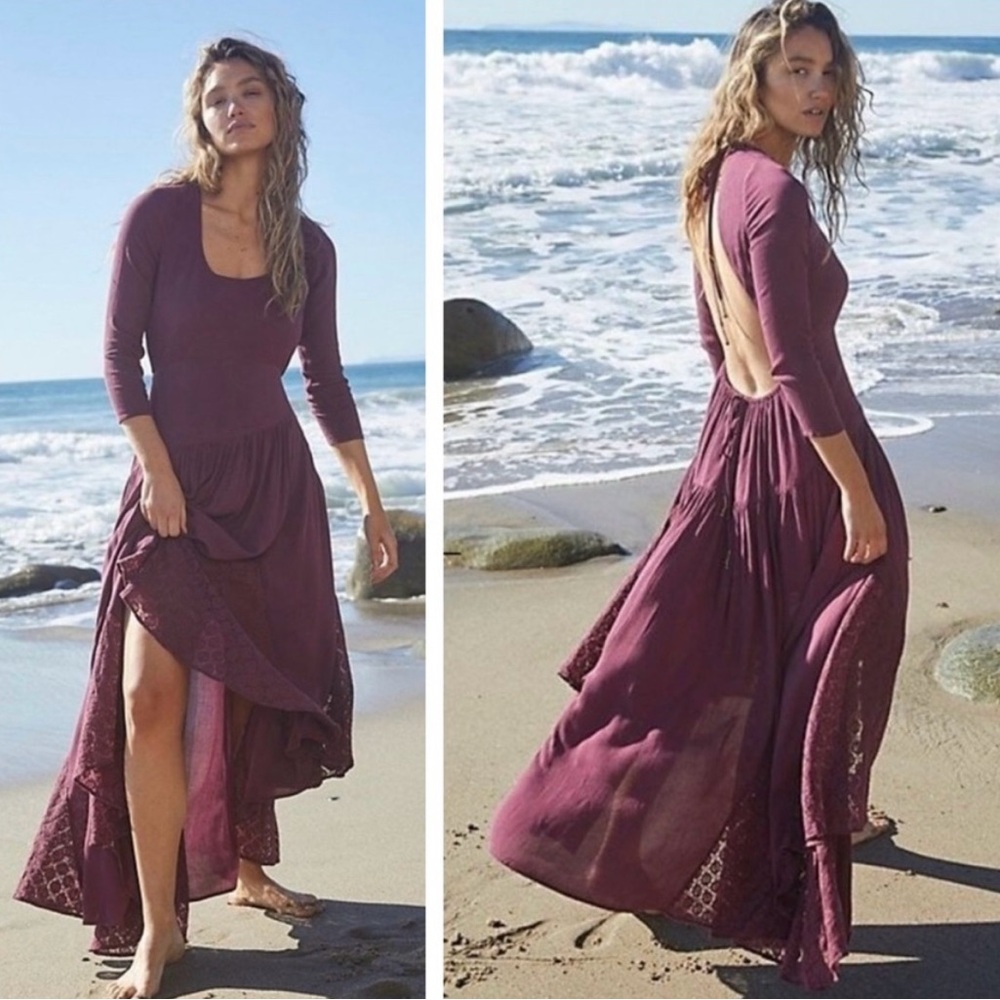 NWOT Free People Sea Me Open Tie Back Layered Crochet Burgundy Maxi Dress Size S